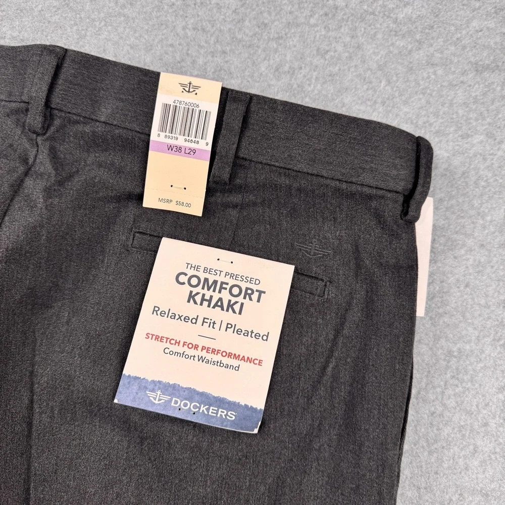 Dockers Comfort Khaki Pants Mens 38x29 Gray Pleated Relaxed Fit Stretch NEW - Picture 4 of 8